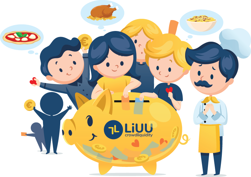 Original LiUU illustration of customers supporting a restaurant through a shared piggy bank